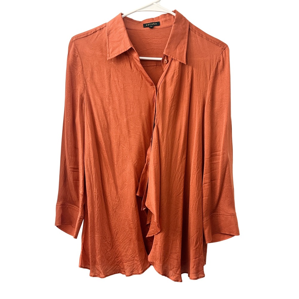 Escada Nehla Burnt Sienna 100% Silk Ruffle Front Button Up Blouse Size 36
